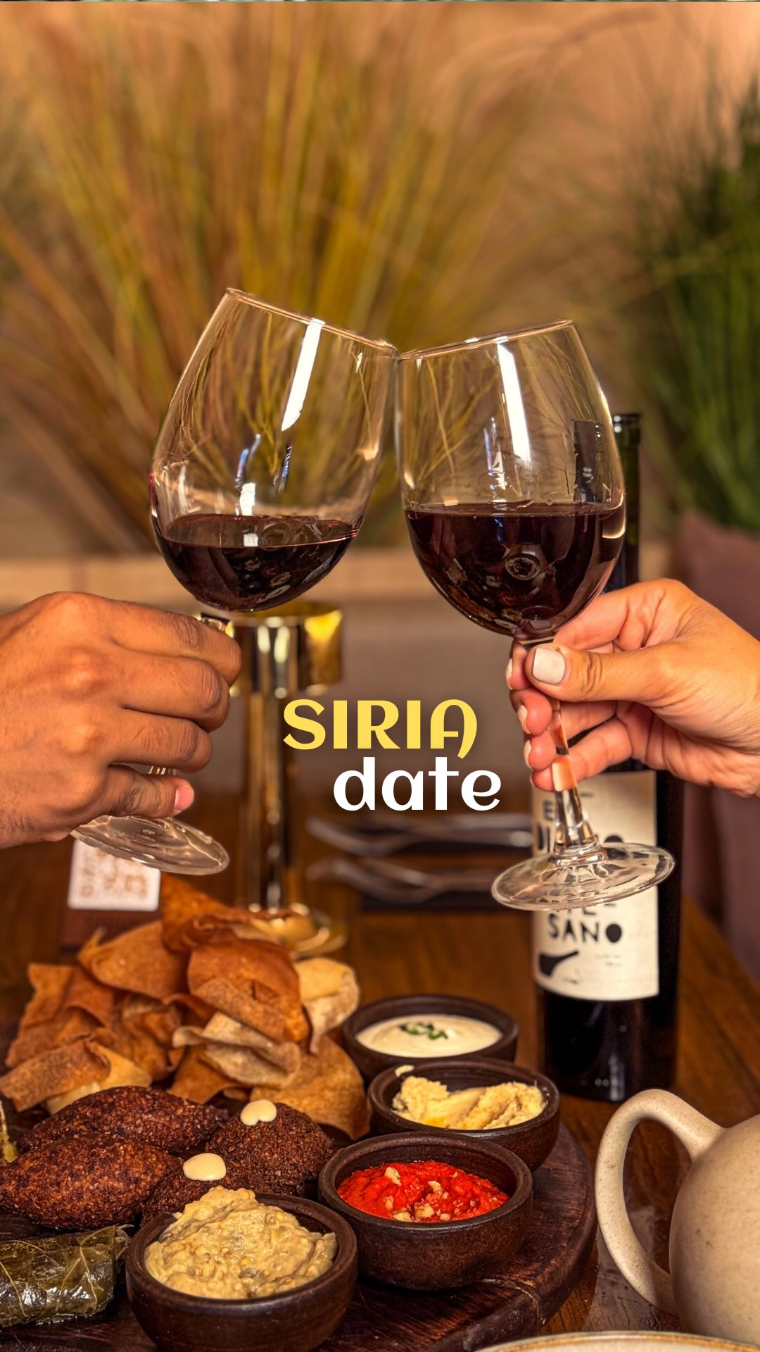 Brindis con vino tinto sobre una tabla de falafel, cremas y pan árabe